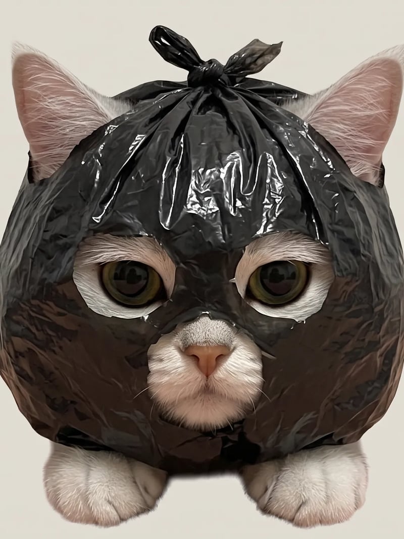 黒いビニール袋の頭巾をかぶり、あごの下に小さな前足を2つ出した銀色の猫