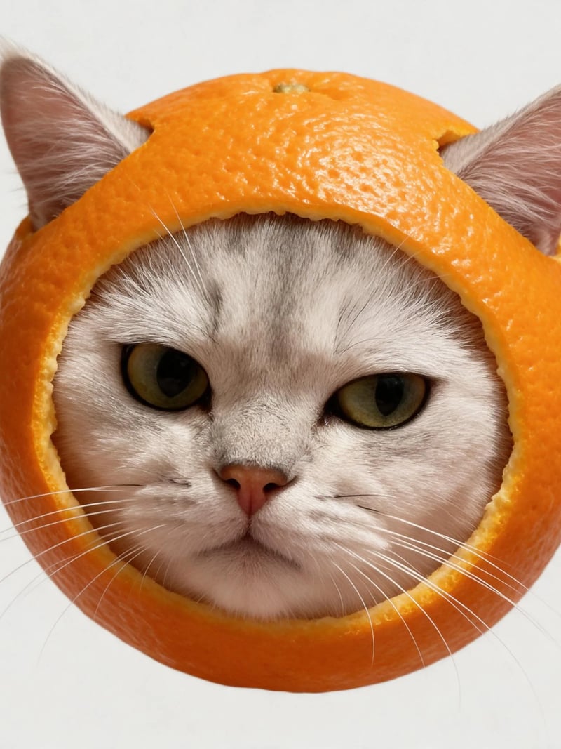 オレンジの皮で顔を囲み、上から両耳を出した銀色の猫の頭