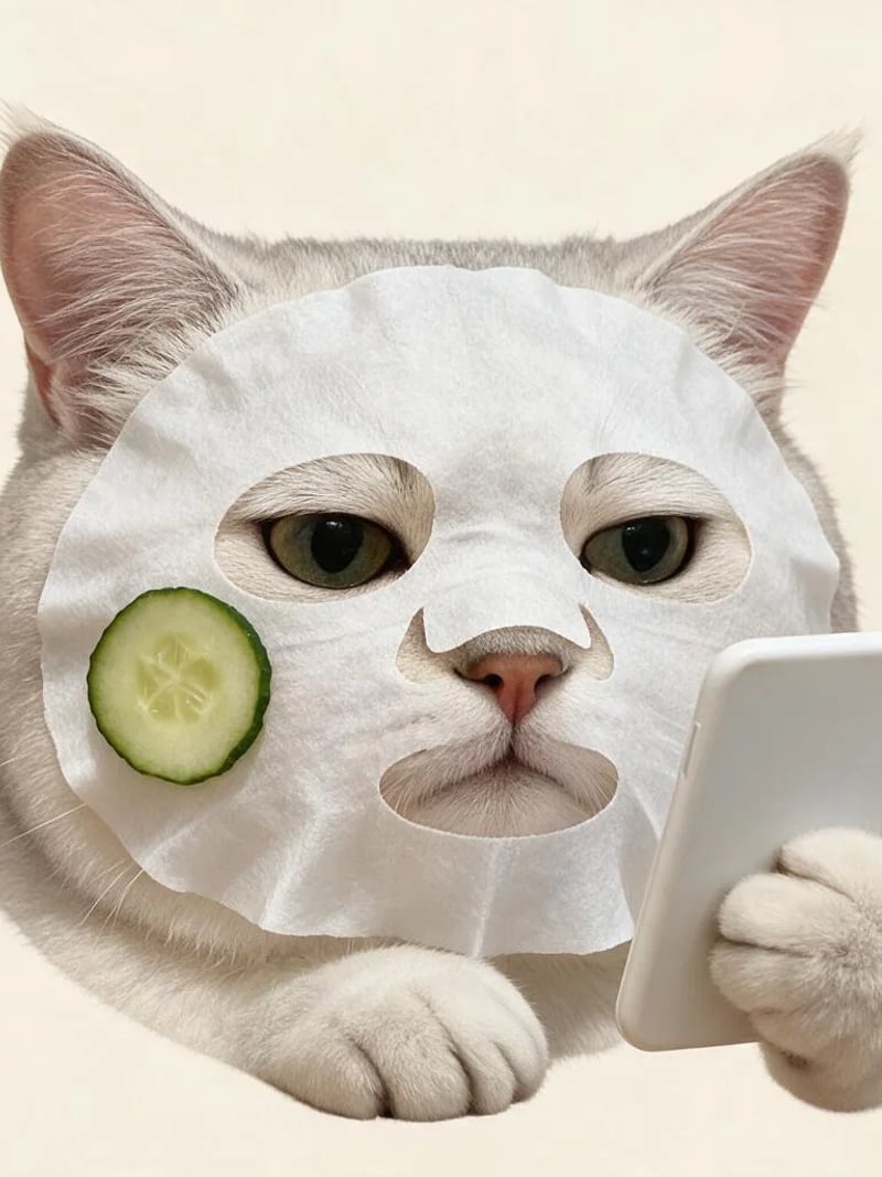 白いフェイスマスクときゅうりを顔に付け、前足で白いスマホを持つ銀色の猫