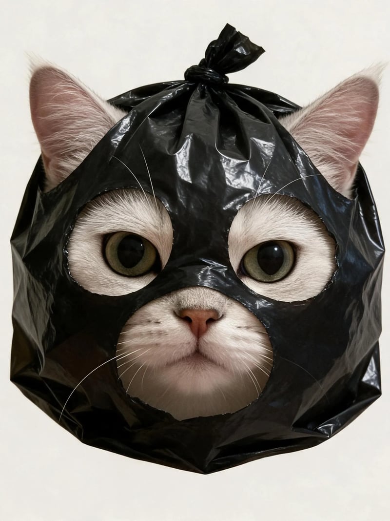 上に結び目のある光沢の黒いビニール袋をかぶった銀色の猫の顔のアップ
