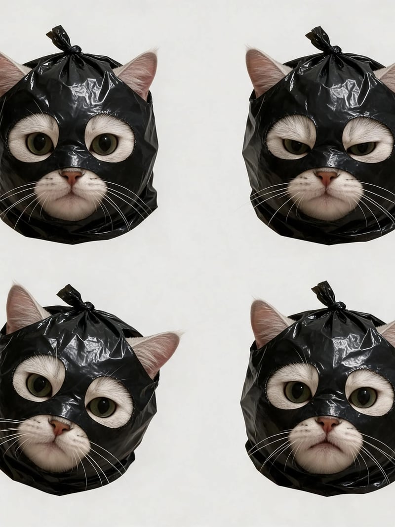 黒いビニール袋の頭巾をかぶった銀色の猫の4つの表情を並べた2×2コラージュ