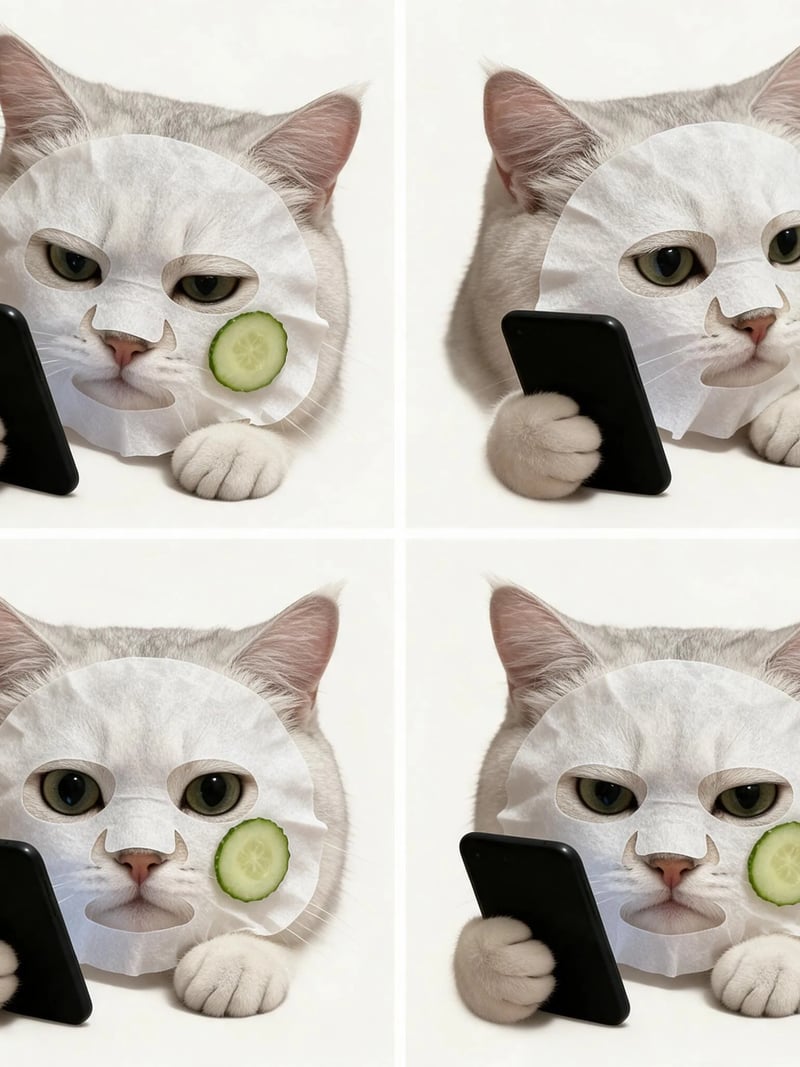フェイスマスクときゅうりを付け、黒いスマホを持つ銀色の猫の2×2コラージュ