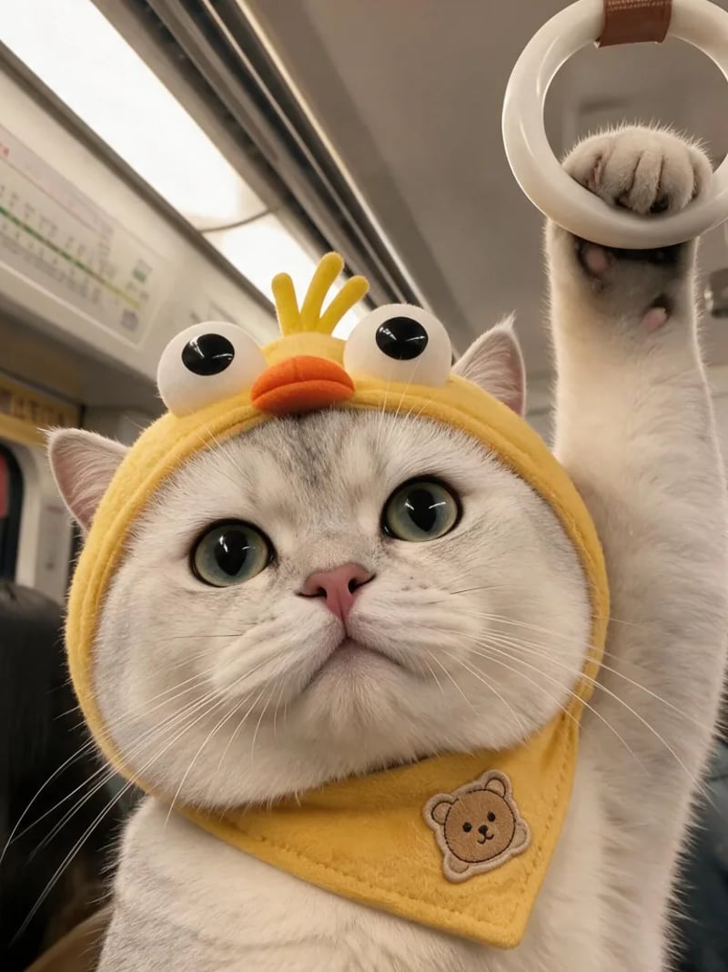 Silver cat in a yellow duck hood holding a train hand strap on the subway