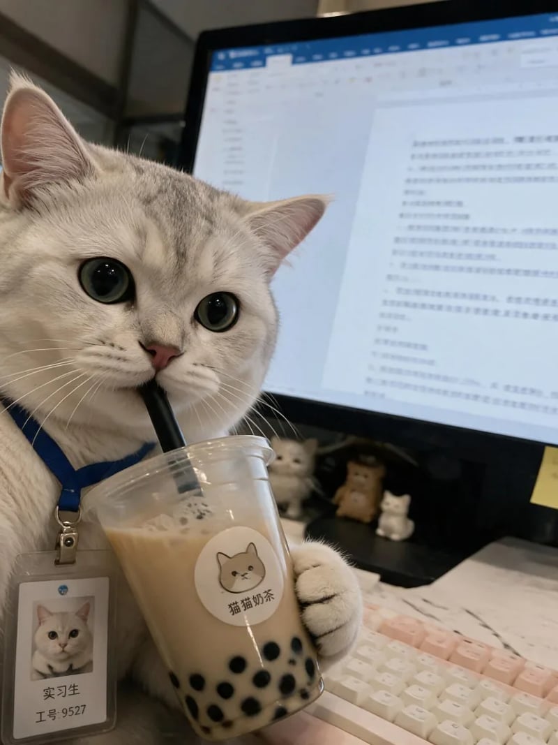 Silver cat wearing a lanyard and staff badge while sipping bubble tea at an office desk