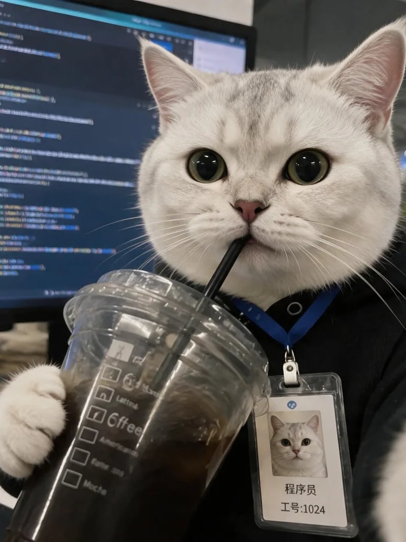 Silver cat in a black hoodie drinking iced coffee in front of monitors full of code