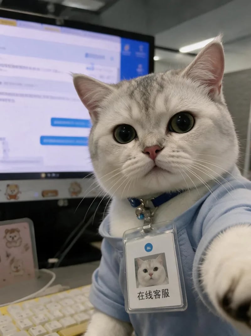 Silver cat in a blue hoodie with an ID badge reaching one paw toward the camera
