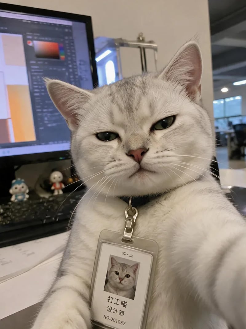Silver cat with a lanyard sitting in front of a design monitor with an unimpressed look