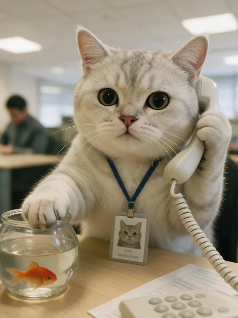 Silver cat holding a desk phone with one paw, next to a goldfish bowl on an office desk