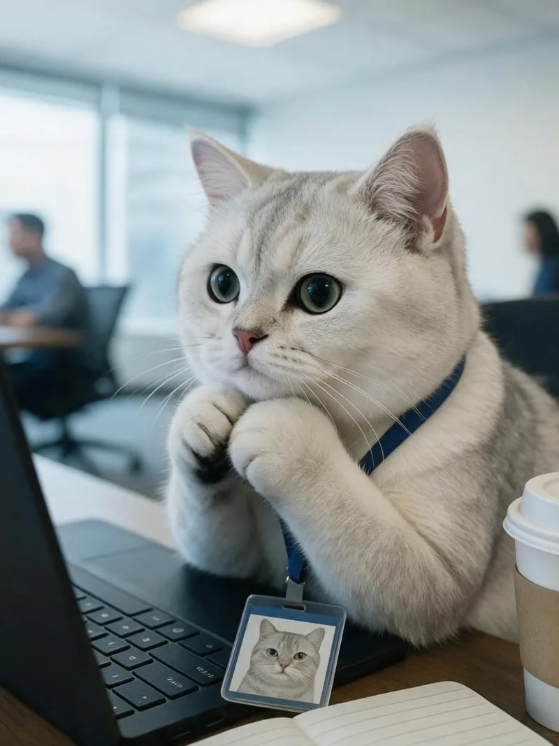 Silver cat with both front paws under its chin, staring at a laptop screen
