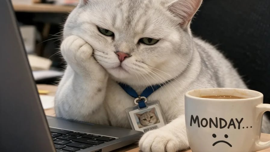 Tired silver cat resting its chin on one paw beside a coffee mug that reads MONDAY