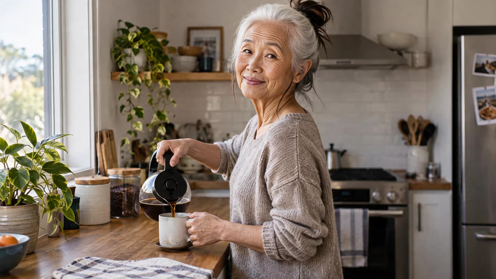 Age Swap 将正在家中冲咖啡的女性转换到 80 岁后的效果