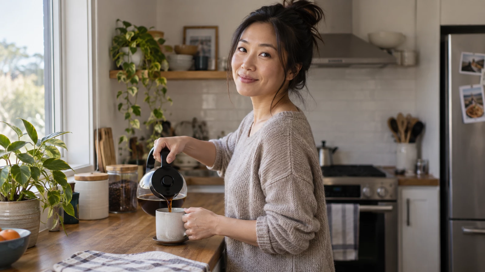 家中冲咖啡的女性转换到 80 岁,动作和厨房环境保持不变——处理前原图