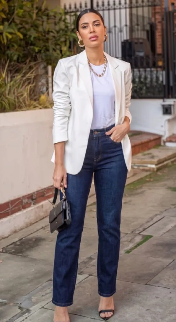 Blazer and jeans swapped for a fitted one-piece, same street and stance — before editing