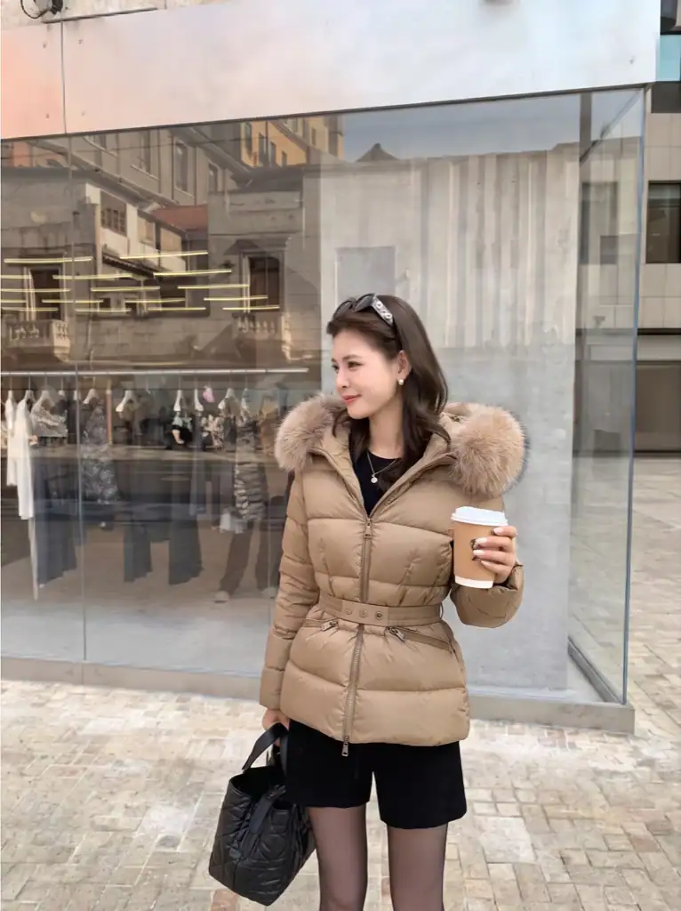 Winter street outfit restyled, same shopfront, same stance — before editing