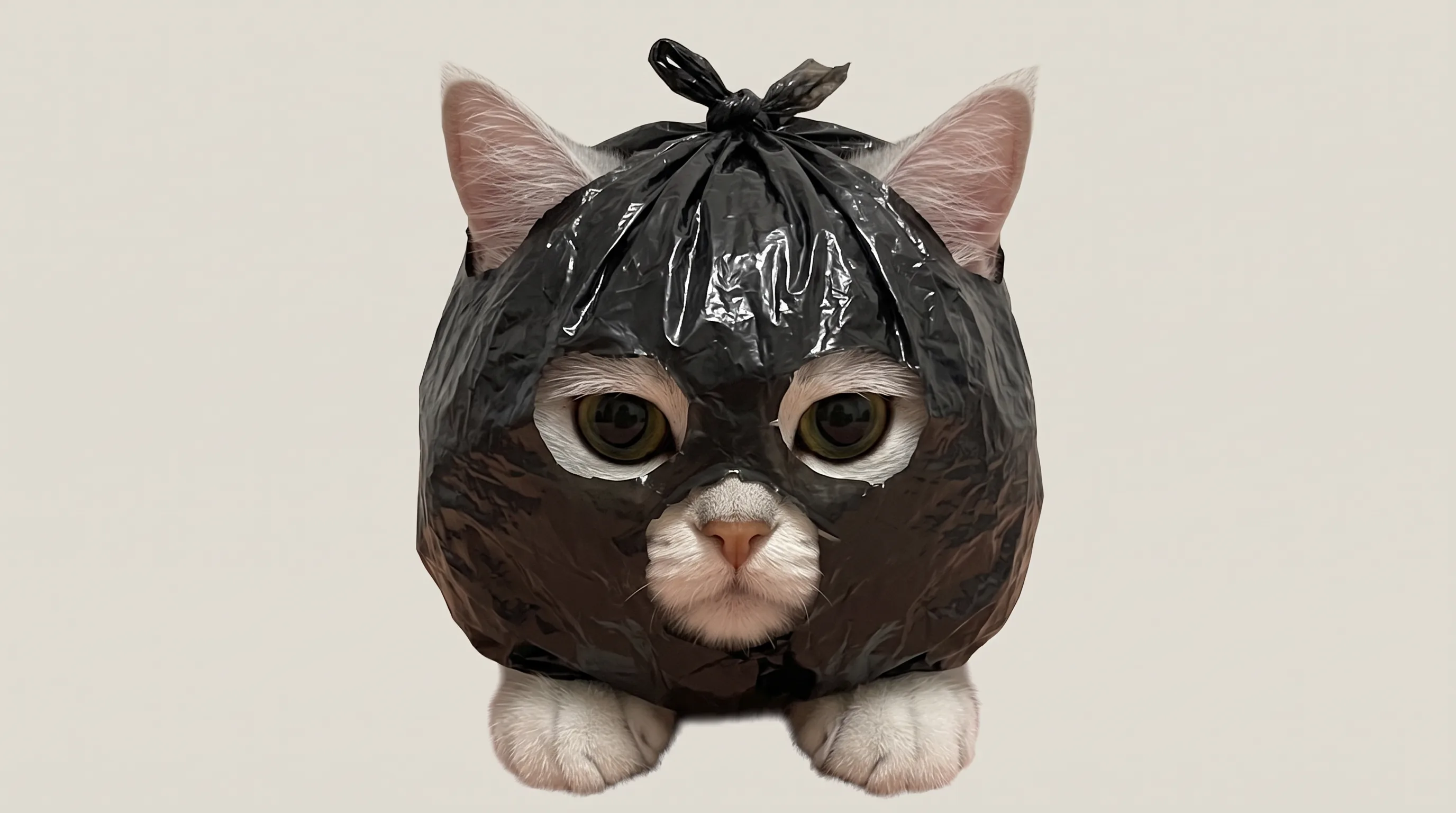 黒いビニール袋の頭巾をかぶり、あごの下に小さな前足を2つ出した銀色の猫