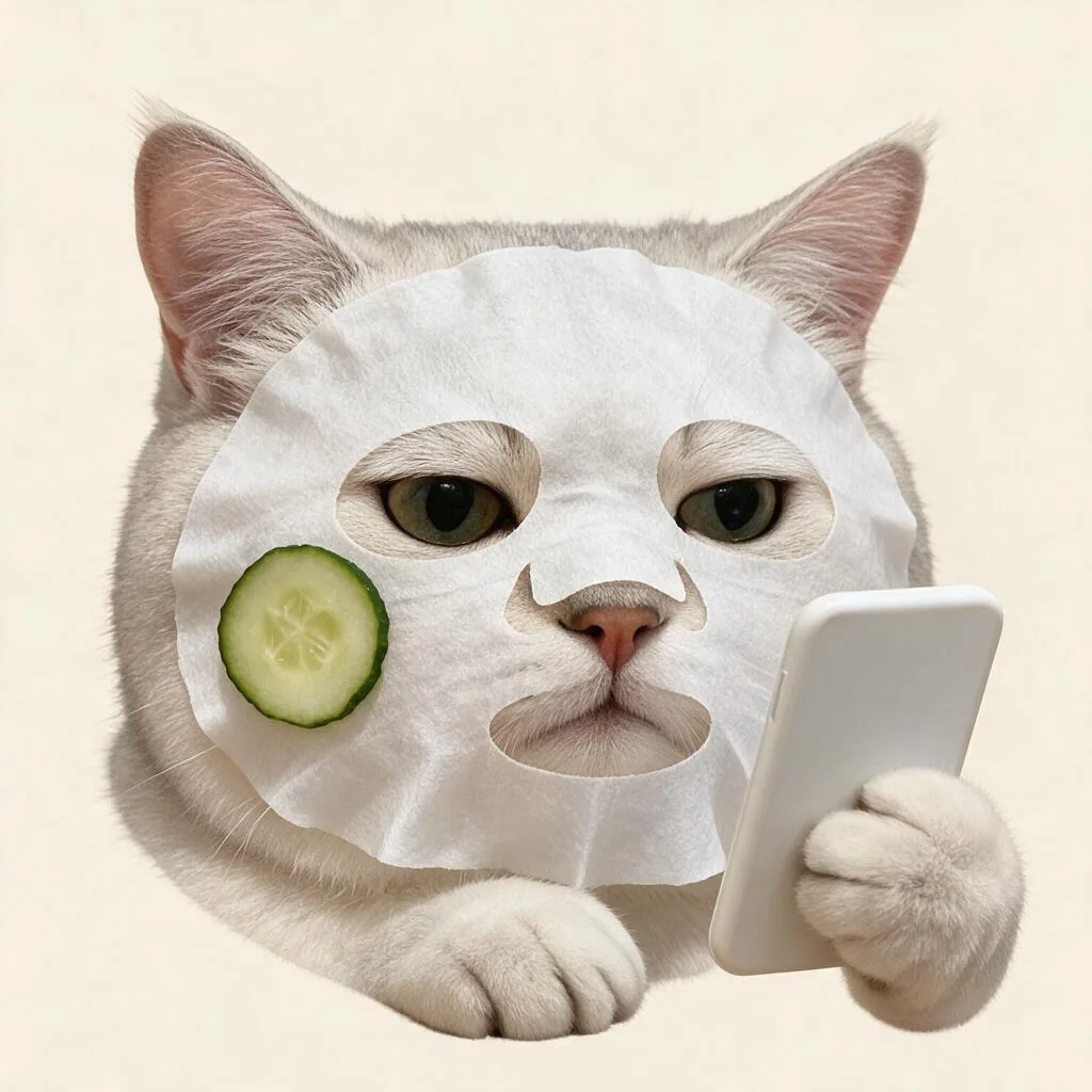 白いフェイスマスクときゅうりを顔に付け、前足で白いスマホを持つ銀色の猫