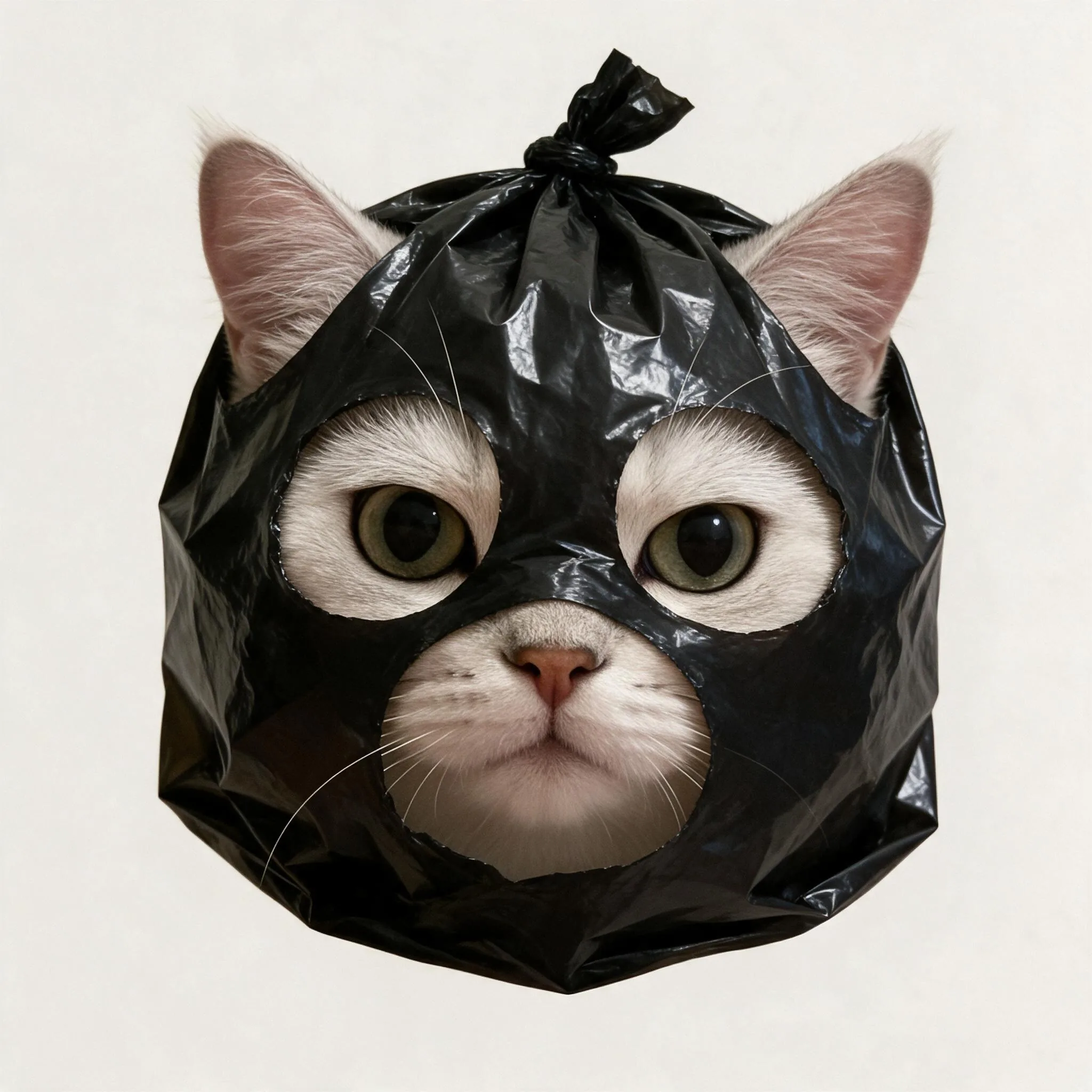 上に結び目のある光沢の黒いビニール袋をかぶった銀色の猫の顔のアップ