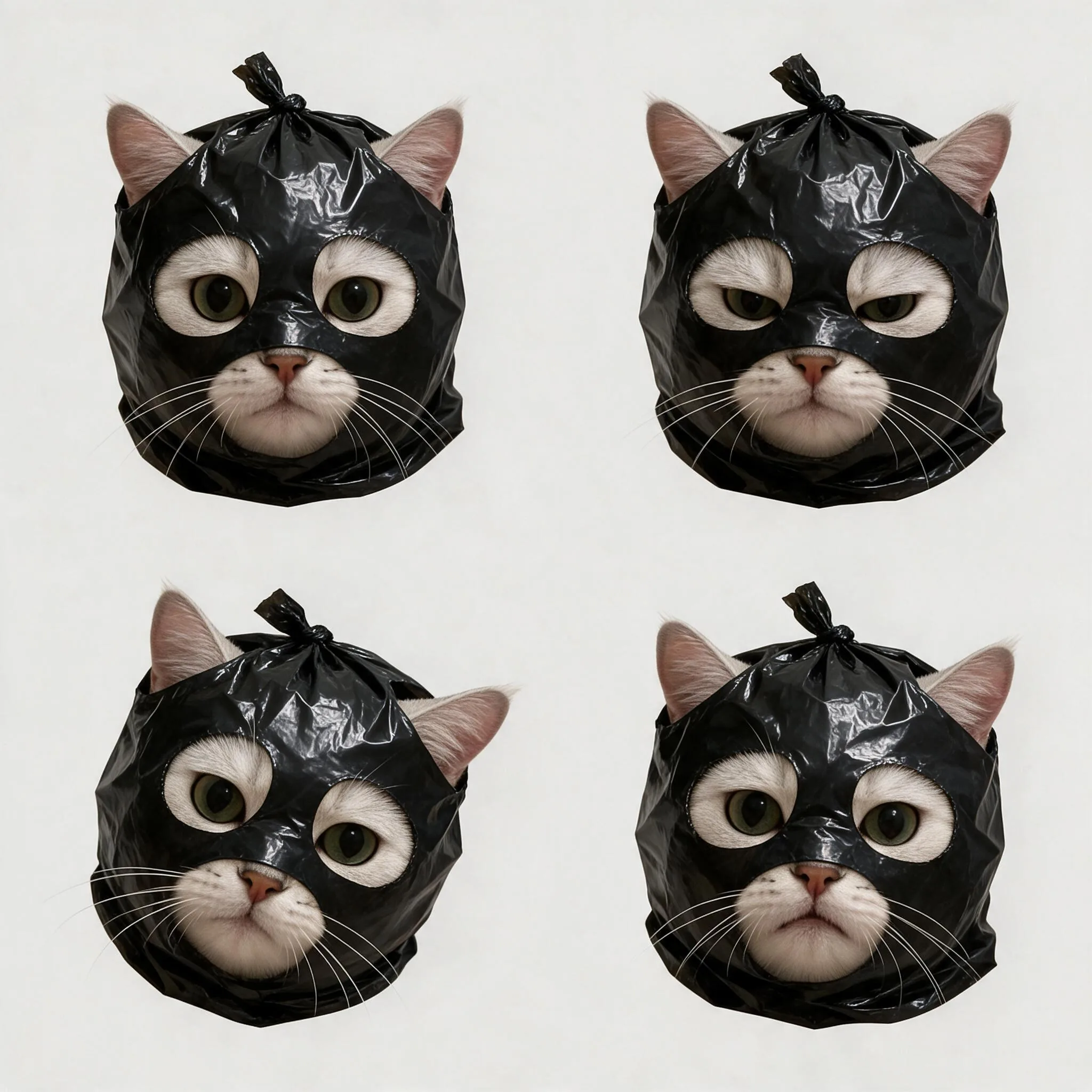 猫咪表情包四宫格：戴黑塑料袋头套的银色猫头，以四种表情排列成 2×2 四宫格