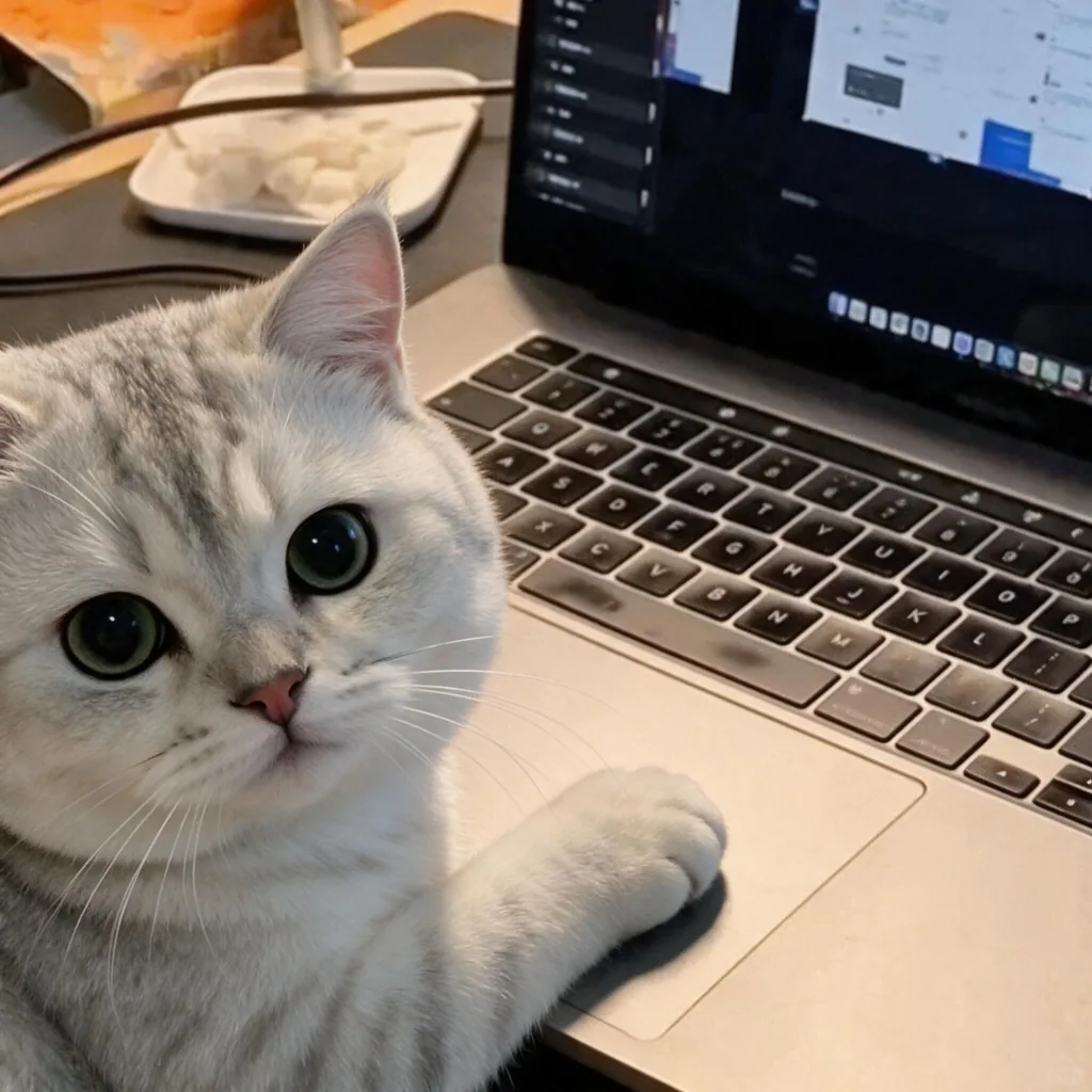 Silver tabby cat at a laptop with one paw resting on the trackpad