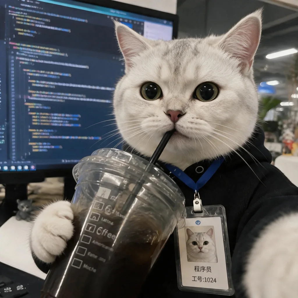 Silver cat in a black hoodie drinking iced coffee in front of monitors full of code
