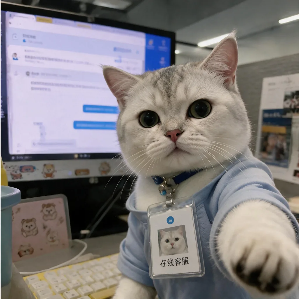 Silver cat in a blue hoodie with an ID badge reaching one paw toward the camera
