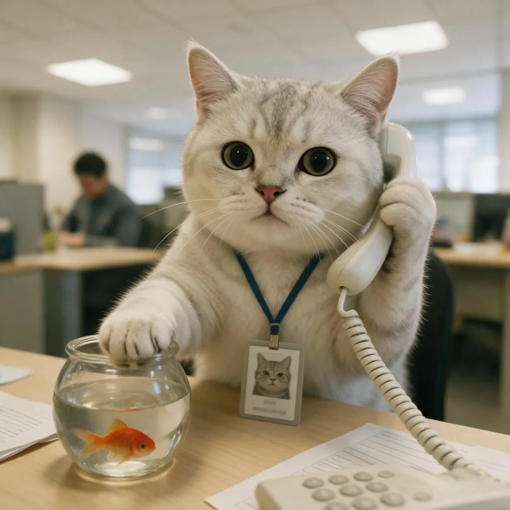 働く猫ミーム：前足で固定電話の受話器を持つ銀色の猫、机の上には金魚鉢
