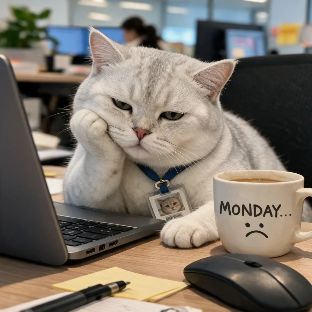 Tired silver cat resting its chin on one paw beside a mug that reads MONDAY with a sad face