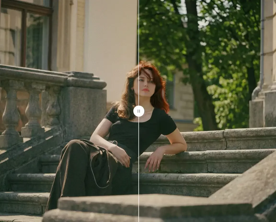 Comparación antes y después de una mujer cuyo pelo castaño oscuro se recolorea con un cambiador de color de pelo con IA