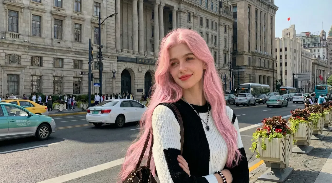 Pelo largo castaño recoloreado a rosa pastel en exteriores — después de editar
