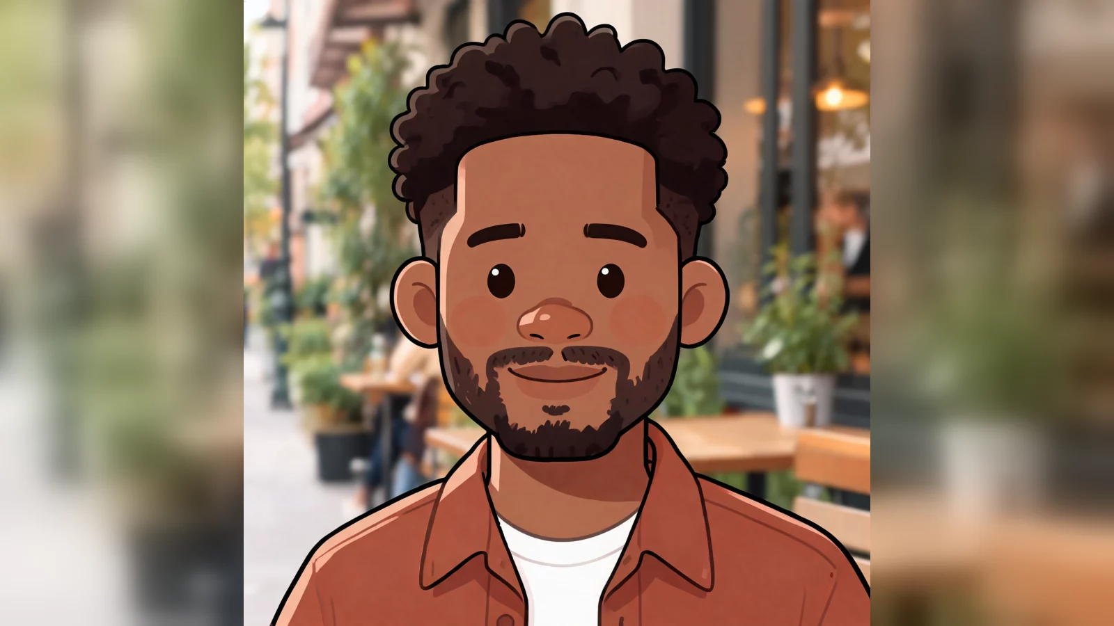 A man working at a street-side cafe restyled as a square-face illustrated avatar — after editing