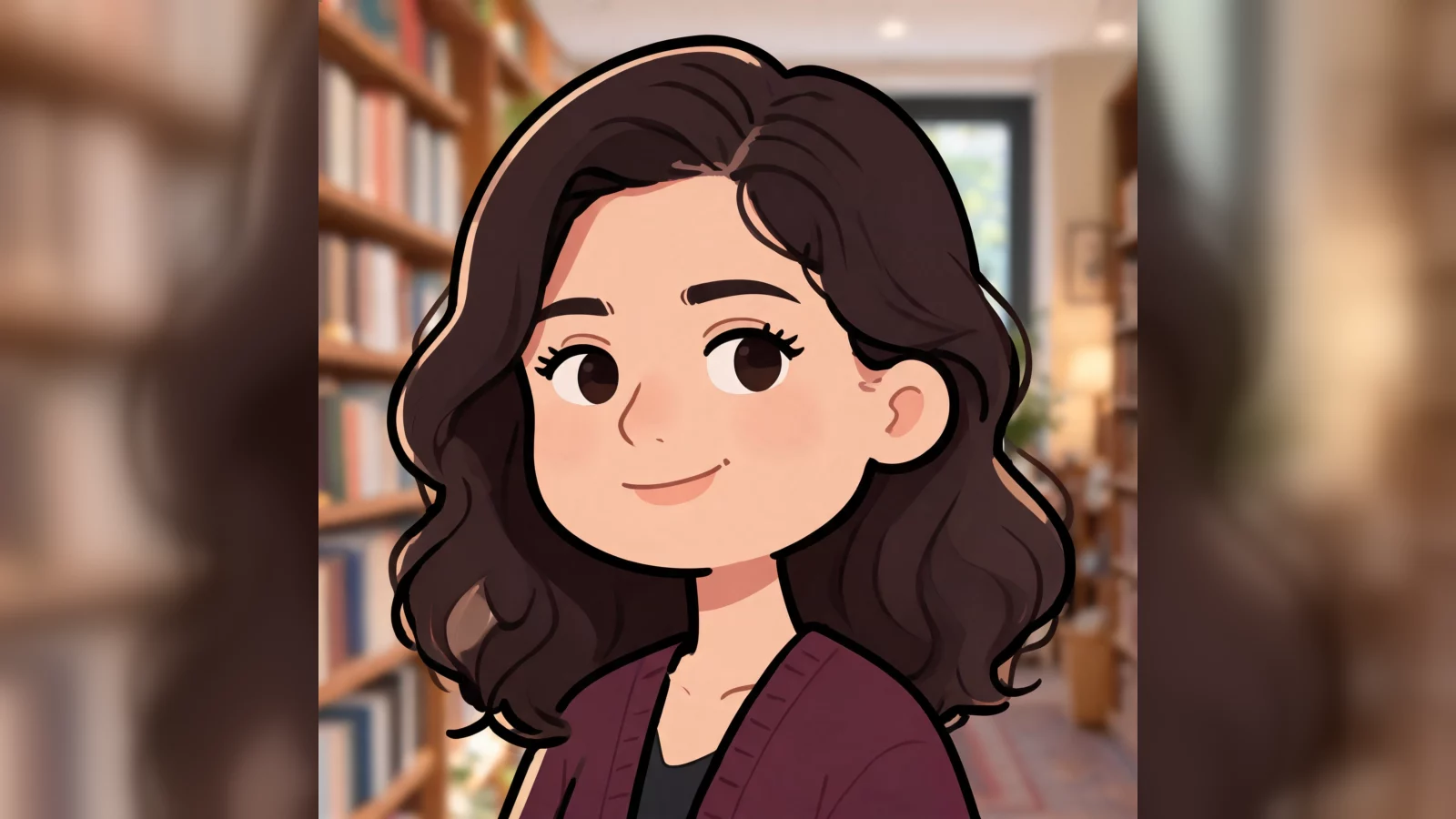 A woman choosing a book restyled as a warm square-face cartoon avatar — after editing