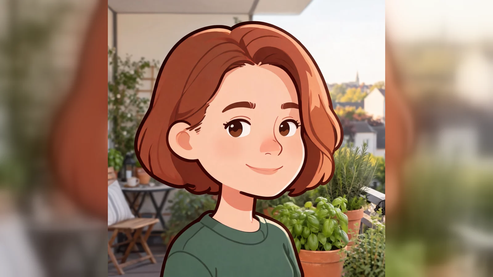 A woman watering balcony plants restyled as a friendly square-face avatar — after editing