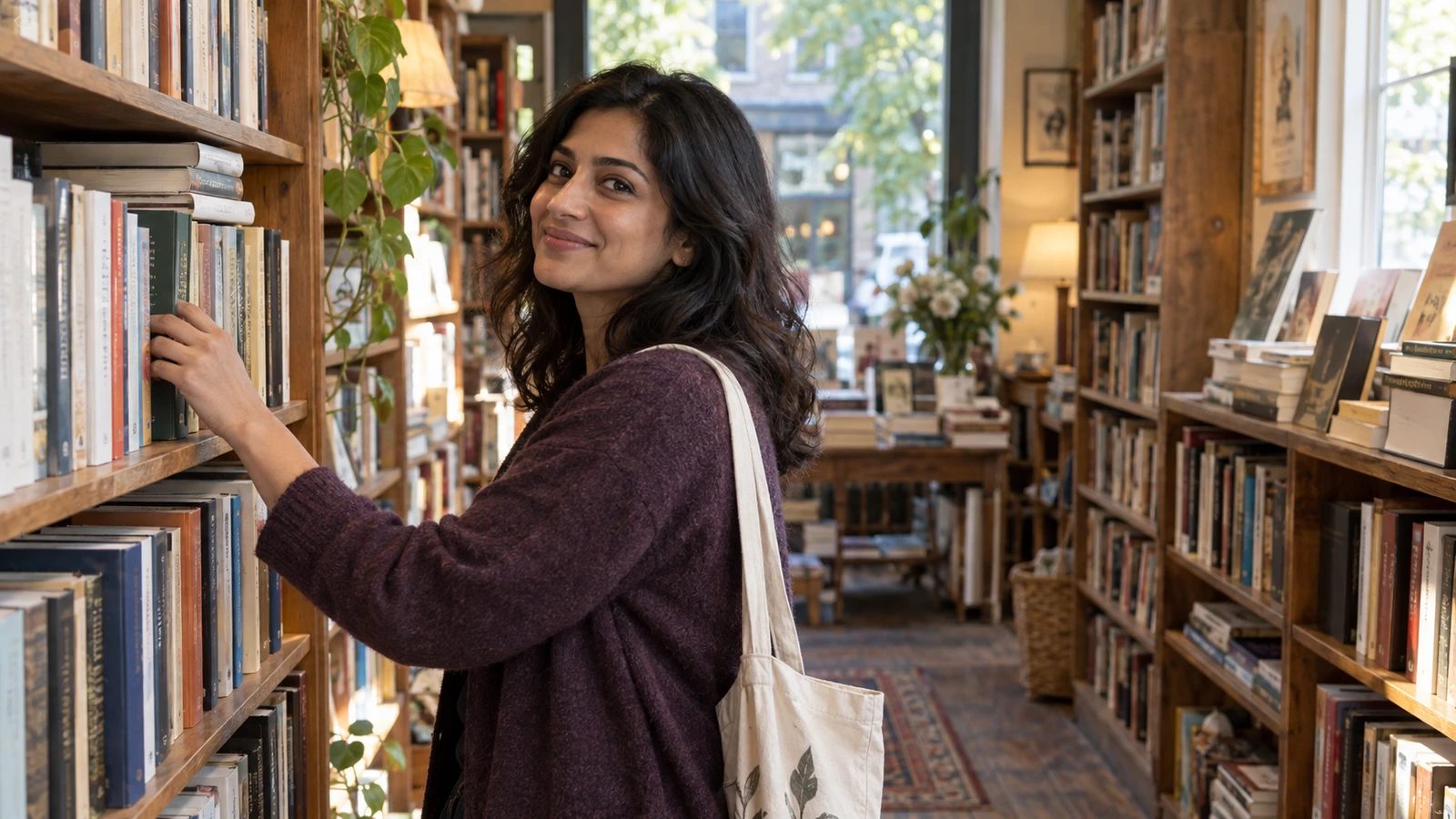 A woman choosing a book restyled as a warm square-face cartoon avatar — before editing