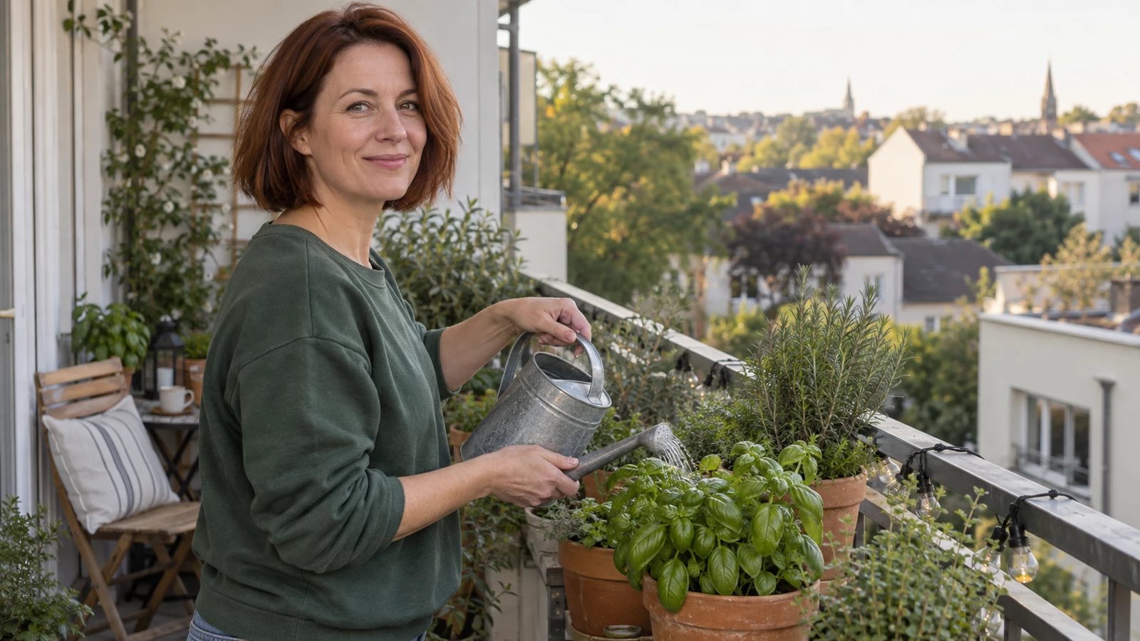 A woman watering balcony plants restyled as a friendly square-face avatar — before editing