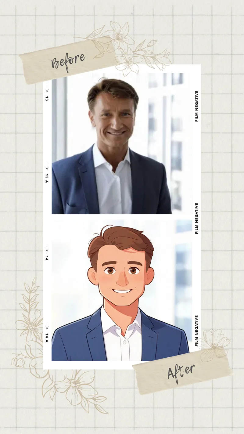 Square face maker result: a portrait redrawn as a rounded-square cartoon avatar