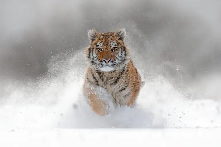 中央に入ったストックフォトのロゴ文字を、舞う雪と毛並みをにじませずに削除 — 編集前